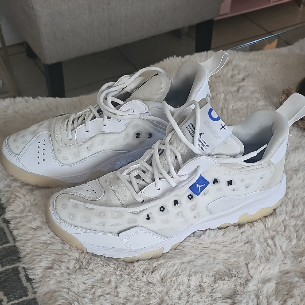 Jordan White and Tan Athletic Shoes with Blue Logo